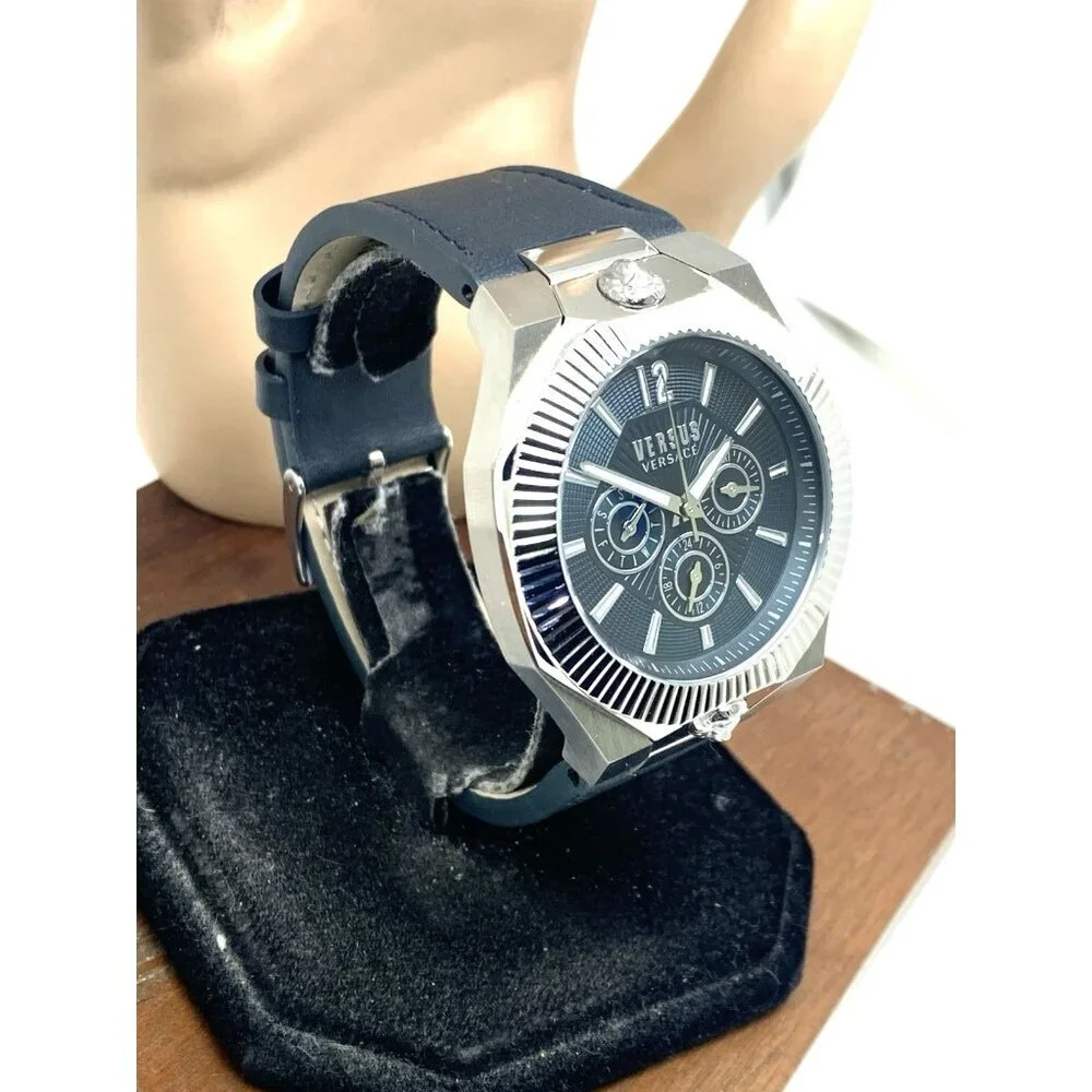Versus by Versace Mens Watch VSP1P1121 Quartz Blue Gray Dial Silver Leather 42mm